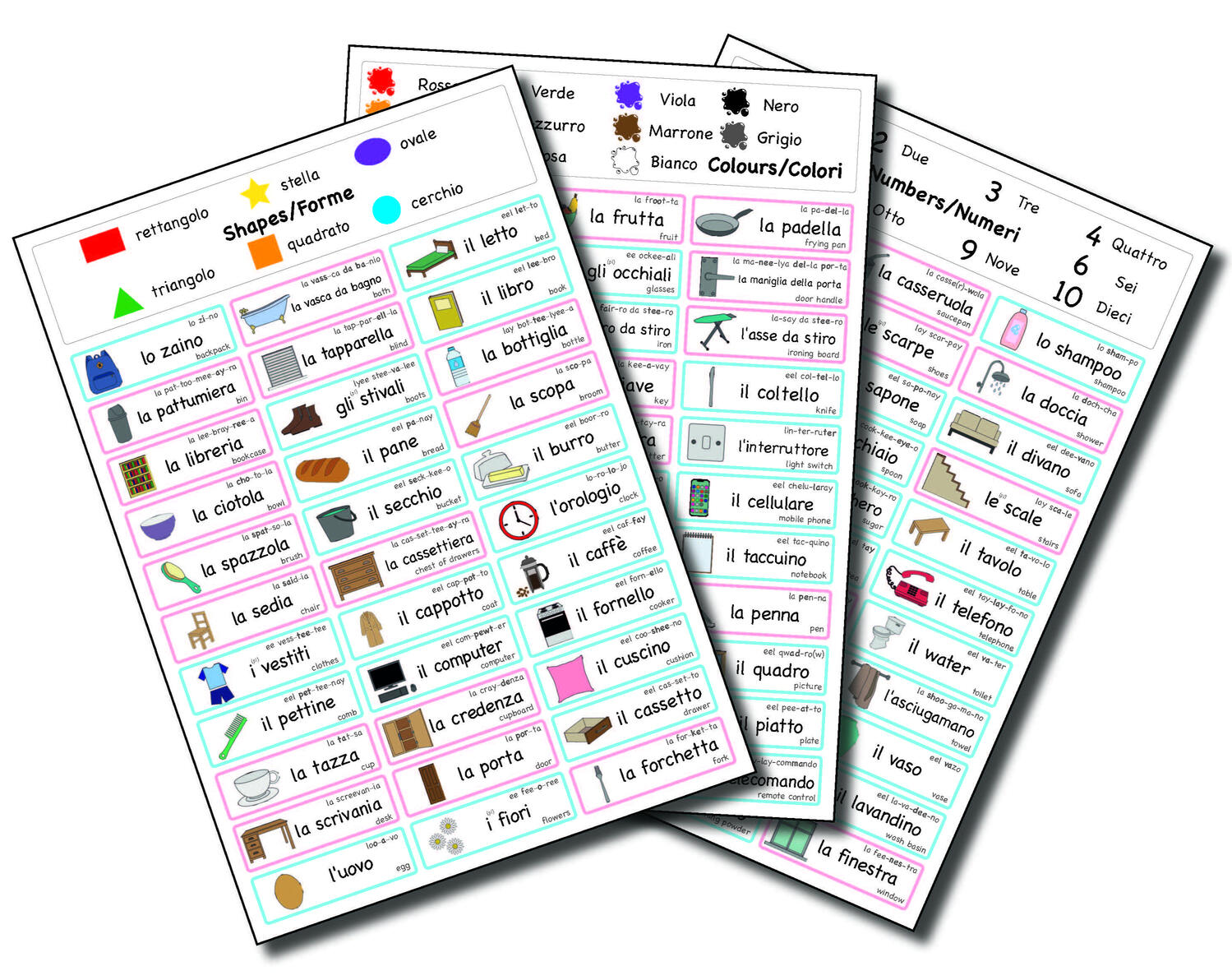 3 sheets of Italian language learning stickers